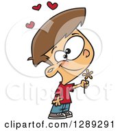 Holiday Clipart Of A Sweet And Thoughtful White Valentines Day Boy Holding A Flower Royalty Free Vector Illustration by toonaday