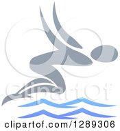 Clipart Of A Gray Swimmer Diving Over Blue Waves Royalty Free Vector Illustration by AtStockIllustration