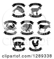 Black And White One Hundred Percent Fish Vegetarian And Meat Food Labels