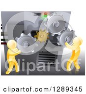 Poster, Art Print Of 3d Gold Men Adjusting Gear Cogs On A Machine