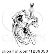 Clipart Of A Black And White Muscular Spartan Warrior Man In A Cape Running With A Sword Royalty Free Vector Illustration