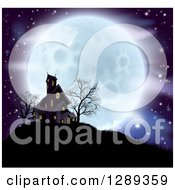 Full Moon Behind A Haunted House And Bare Trees On A Hill
