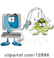 Shocked Desktop Computer Mascot Cartoon Character With An Octopus On His Fishing Line