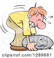 Clipart Of A Red Haired Caucasian Man Struggling And Trying To Lift A Heavy Rock Royalty Free Vector Illustration