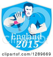 Poster, Art Print Of Retro Fending Rugby Union Player With Ball In A Blue England 2015 Shield