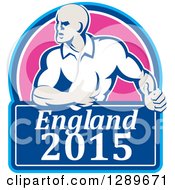 Poster, Art Print Of Retro Rugby Union Player With Ball In A Pink And Blue England 2015 Shield