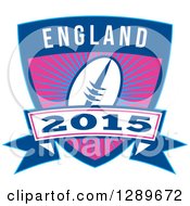 Poster, Art Print Of Retro Rugby Ball Over A Burst In A Blue England 2015 Shield