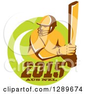 Poster, Art Print Of Retro Cricket Player Batsman In A Green Circle With 2015 Australia New Zealand Text