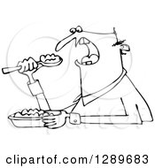 Clipart Of A Black And White Unenthused Man Eating Mush Royalty Free Vector Illustration