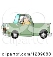 White Cowboy Looking Out Of The Window Of His Green Pickup Truck With Horns On The Front
