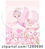 Flying Spring Time Fairy Over Blossoms On Pink