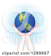 Clipart Of Caucasian Hands Holding Up Planet Earth Over Blue And White With Sparkles Royalty Free Vector Illustration