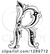 Clipart Of A Black And White Vintage Floral Capital Letter R Royalty Free Vector Illustration