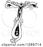 Clipart Of A Black And White Vintage Floral Capital Letter T Royalty Free Vector Illustration