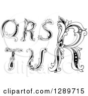 Clipart Of Black And White Vintage Floral Capital Letters Q R S T And U Royalty Free Vector Illustration
