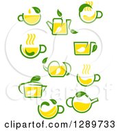 Clipart Of Green And Yellow Tea Cups And Pots With Leaves 5 Royalty Free Vector Illustration