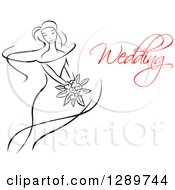 Poster, Art Print Of Sketched Black And White Bride Holding A Bouquet Of Flowers With Red Wedding Text