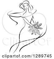 Clipart Of A Sketched Black And White Bride Holding A Bouquet Of Flowers Royalty Free Vector Illustration