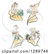 Poster, Art Print Of Sketched Blond Caucasian Brides In Yellow Dresses Holding Bouquets Of White Pink And Red Flowers