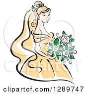 Poster, Art Print Of Sketched Blond Caucasian Bride In A Yellow Dress Holding A Bouquet Of White Flowers