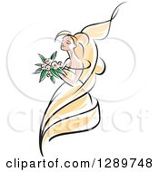 Clipart Of A Sketched Blond Caucasian Bride In A Yellow Dress Holding Up A Bouquet Of Pink Flowers Royalty Free Vector Illustration