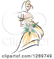 Poster, Art Print Of Sketched Blond Caucasian Bride In A Yellow Dress Holding A Bouquet Of Pink Flowers