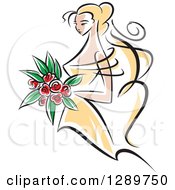 Poster, Art Print Of Sketched Blond Caucasian Bride In A Yellow Dress Holding A Bouquet Of Red Flowers