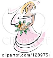 Clipart Of A Sketched Blond Caucasian Bride In A Pink Dress Holding A Bouquet Of Orange Flowers Royalty Free Vector Illustration