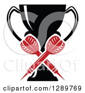 Clipart Of A Black And White Sports Trophy And Crossed Red Throwing Darts 2 Royalty Free Vector Illustration