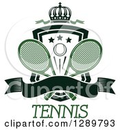 Clipart Of A Black And White Crown Blank Banner And Tennis Ball Shield With Green Ribbons And Rackets Over Text Royalty Free Vector Illustration
