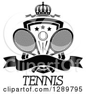 Poster, Art Print Of Black And White Crown Blank Banner And Tennis Ball Shield With Ribbons And Rackets Over Text