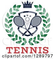 Poster, Art Print Of Navy Blue Crown Over A Tennis Ball And Racket Shield In A Green Wreath Over Red Text