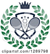 Poster, Art Print Of Navy Blue Crown Over A Tennis Ball And Racket Shield In A Green Wreath