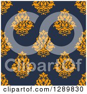 Poster, Art Print Of Background Pattern Of Seamless Orange Damask On Navy Blue