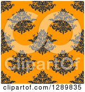 Poster, Art Print Of Background Pattern Of Seamless Navy Blue Damask On Orange