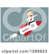 Poster, Art Print Of Flat Modern Design Styled White Businessman Riding A Success Rocket Over Blue