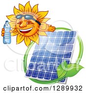 Poster, Art Print Of Happy Sun Holding A Bottled Water And Presenting Over A Solar Panel And Leaves