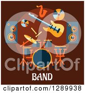 Music Speakers A Cd Guitar Saxophone And Drum Set Over Band Text On Brown