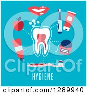 Tooth With Hygiene Items And Text On Blue