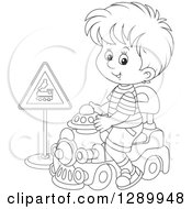 Poster, Art Print Of Black And White Boy Playing And Riding A Toy Train