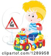 Poster, Art Print Of Blond White Boy Playing And Riding A Toy Train