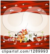 Poster, Art Print Of Valentines Day Or Wedding Background Of Lilies Hearts Butterflies Targets And Red Lattice Around Text Space