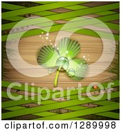 Poster, Art Print Of St Patricks Day Background With A Dewy Shamrock Ladybug Halftone Grass And Green Lattice Over Wood