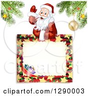 Poster, Art Print Of Waving Santa Claus Over A Christmas Sign Under Tree Branches On Off White