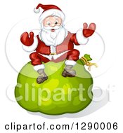 Poster, Art Print Of Welcoming Santa Claus Sitting On A Giant Green Christmas Sack