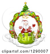 Poster, Art Print Of Welcoming Santa Claus Sitting On A Giant Green Christmas Sack Under A Tree Arch