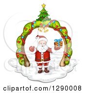 Poster, Art Print Of Welcoming Santa Claus Holding A Christmas Gift Under A Tree Arch