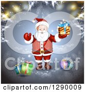 Poster, Art Print Of Welcoming Santa Claus Holding A Christmas Gift Over Blue With Bokeh And Branches