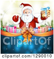 Poster, Art Print Of Welcoming Santa Claus Holding A Christmas Gift Over A Bow And Ribbon With Presents On Blue And Gold