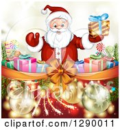 Poster, Art Print Of Clipart Of A  Welcoming Santa Claus Holding A Christmas Gift Over A Bow And Ribbon With Presents On Gold And Red Royalty Free Vector Illustration